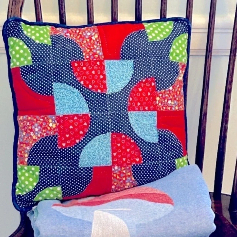 Antique Quilt Pillow 18x18 Mushroom + Polka Dots 2 Sides Blue Red Green Handmade